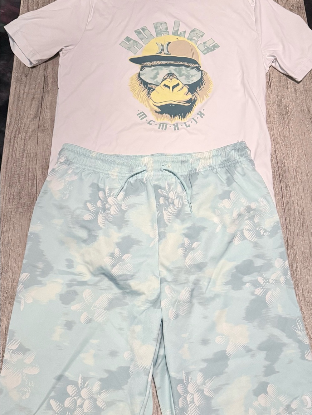 Hurley Kids Light Blue and White Swim Trunks with Graphic Tee Set